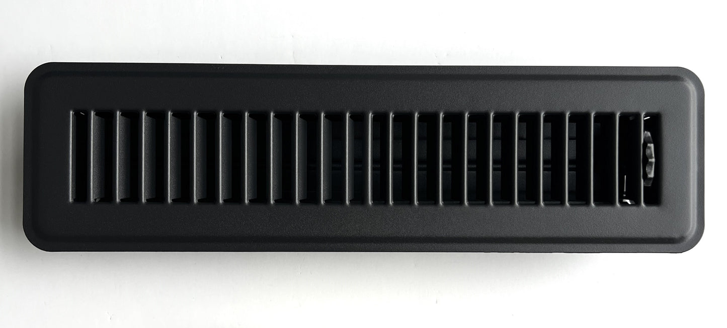 Heavy Duty Steel Floor Vent with Beautiful Black Matte Finish. Fits in 2 x 12duct Opening. Overall Dimension is 3.75 in Wide x 13.75 in Long