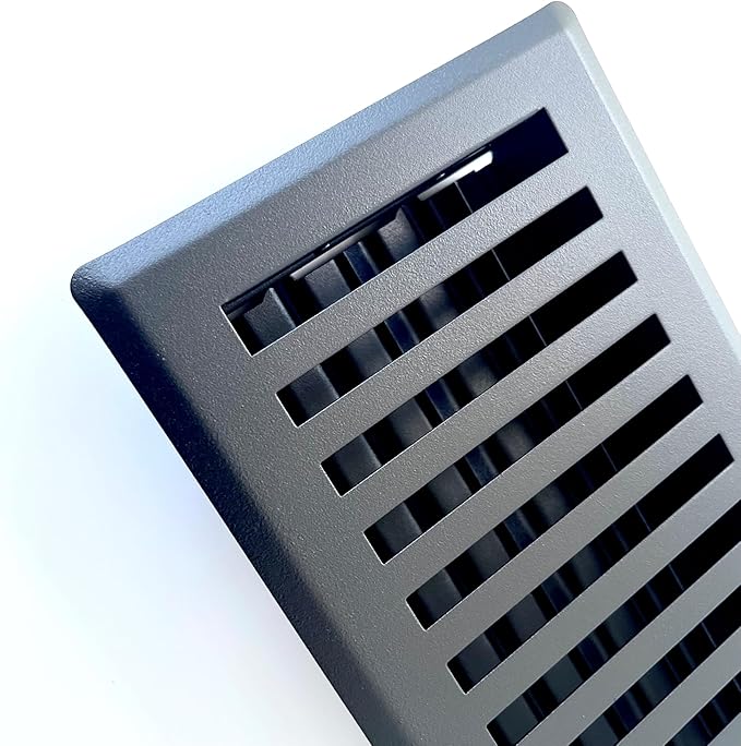 Heavy Duty Steel Decorative Slotted face Floor Vent with Beautiful Black Matte Finish. Fits in 4 x 10 Duct Opening. Overall Dimension is 5.75 in Wide x 13.75 in Long