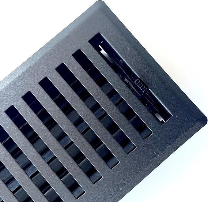 Heavy Duty Steel Decorative Slotted face Floor Vent with Beautiful Black Matte Finish. Fits in 4 x 10 Duct Opening. Overall Dimension is 5.75 in Wide x 13.75 in Long